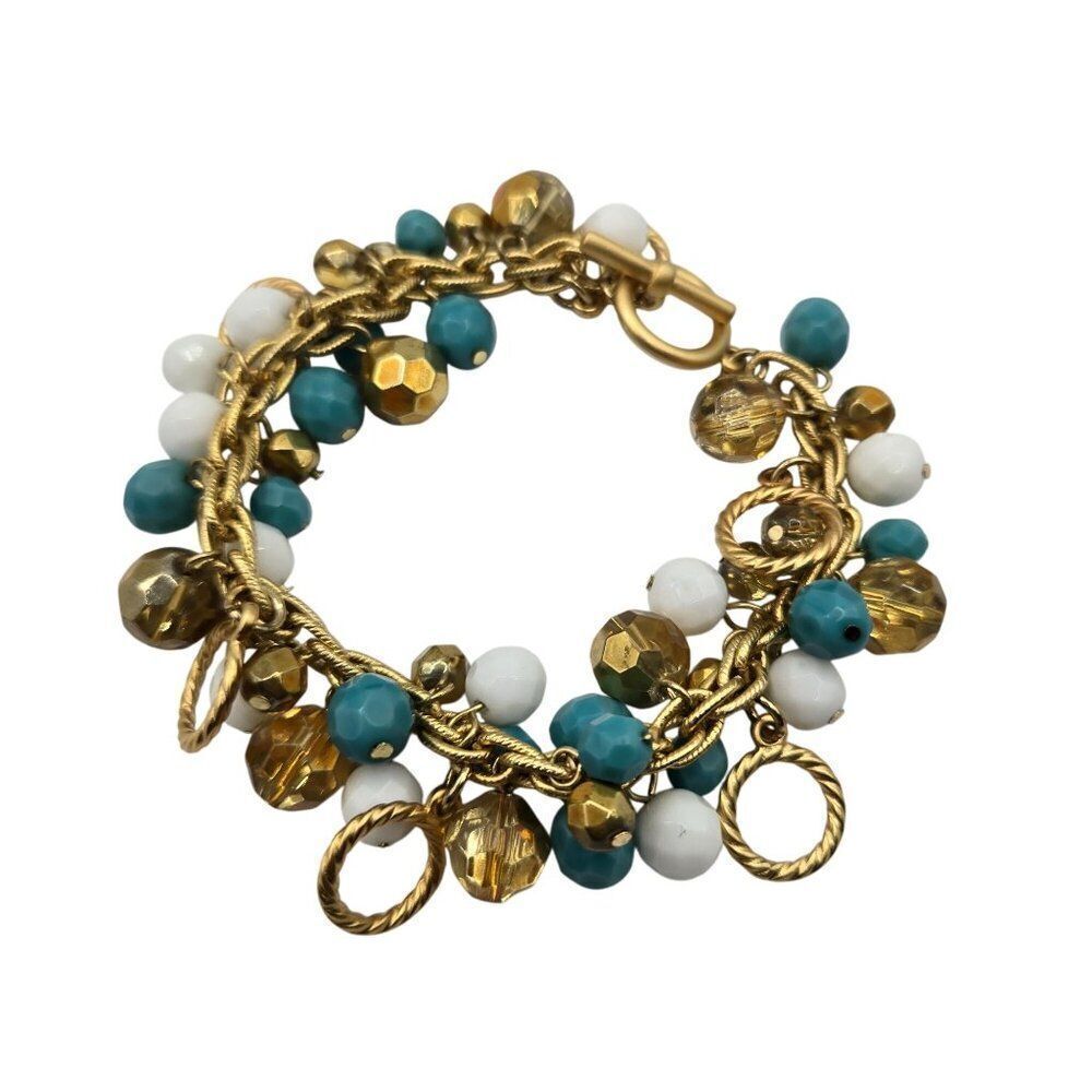 Vintage Kenneth J Lane Toggle Bracelet Turquoise Beaded Gold Tone 8"